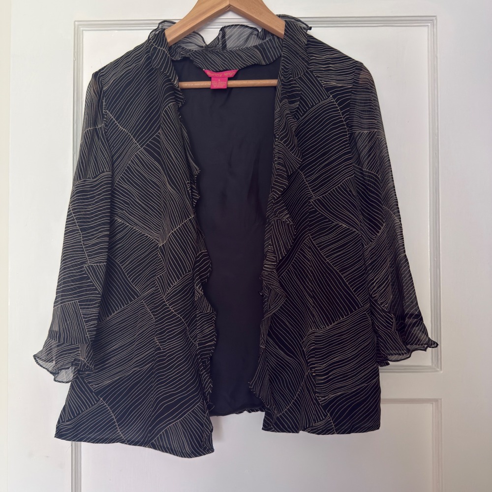 Sunny Leigh Women's Black 100% Silk Ruffle Open Front Geometric Print Jacket S